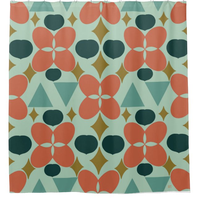 Mid Century Modern Flower Diamond Mint  Shower Curtain (Front)