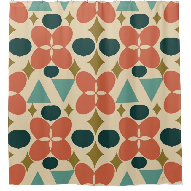 Mid Century Modern Flower Diamond Yellow Shower Curtain (Front)