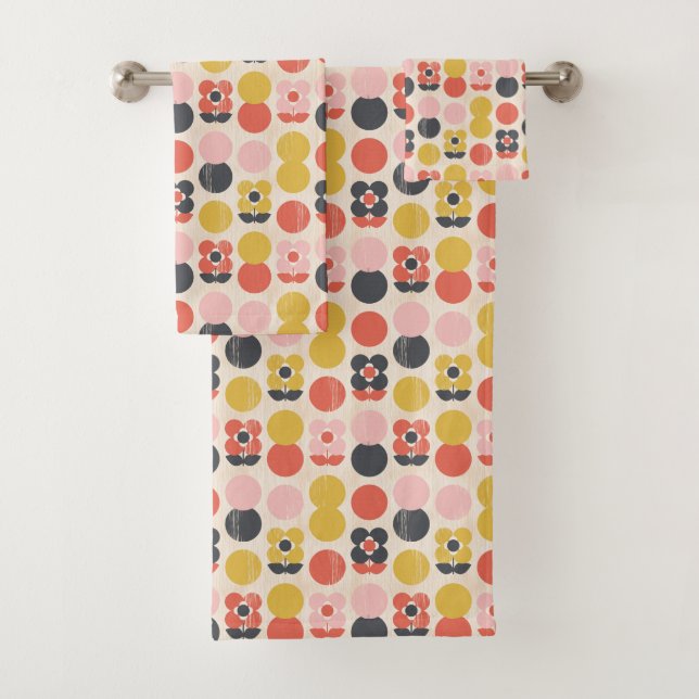 Mid-Century Modern Flower Pattern Bath Towel Set (Insitu)