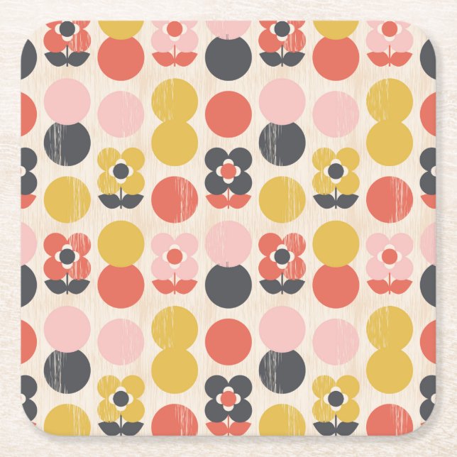 Mid-Century Modern Flower Pattern Square Paper Coaster (Front)