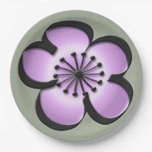 Mid-Century Modern Flower - Purple, Black, Grey Paper Plate