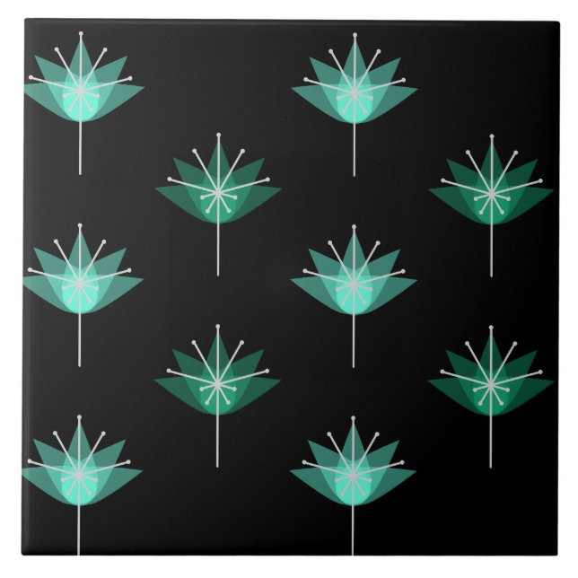 Mid Century Modern Flowers Black Turquoise Tile (Front)