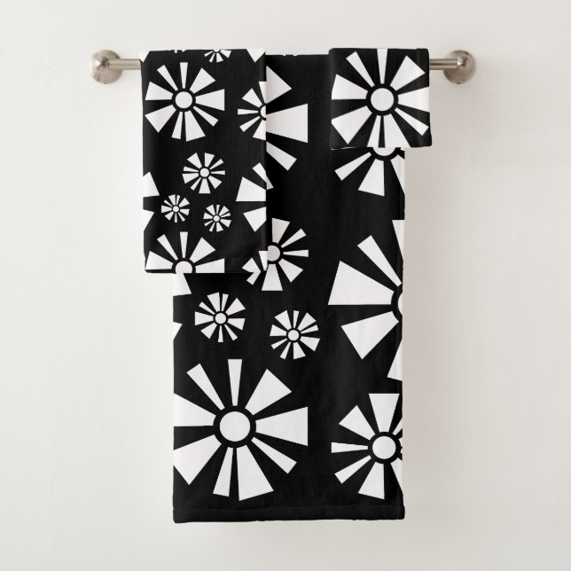 Mid Century Modern Flowers Black White Bath Towel Set (Insitu)