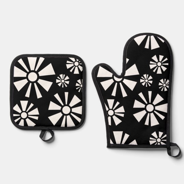 Mid Century Modern Flowers Black White Oven Mitt & Pot Holder Set (Front)