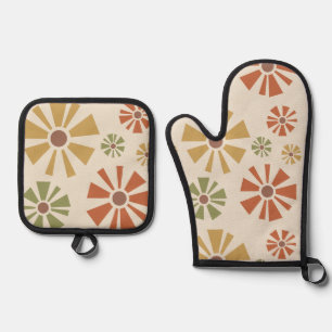 Mid Century Modern Flowers Multicolored Oven Mitt & Pot Holder Set