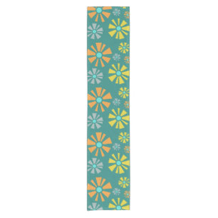 Mid Century Modern Flowers Teal Short Table Runner