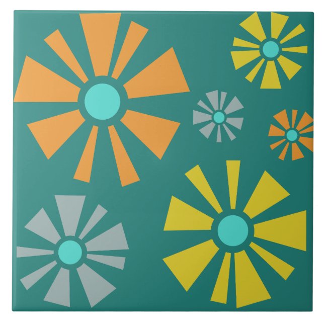 Mid Century Modern Flowers Teal Tile (Front)
