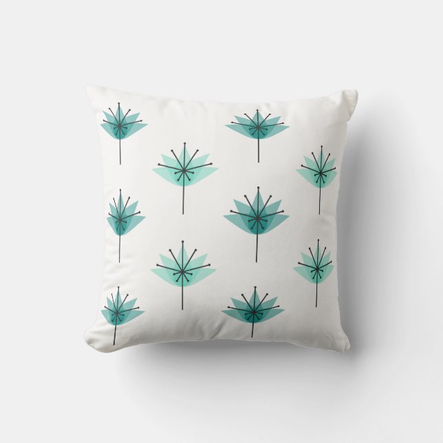 Mid Century Modern Flowers Turquoise Cushion (Front)
