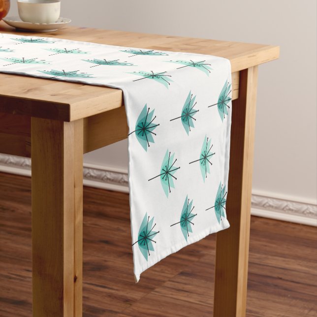 Mid Century Modern Flowers Turquoise Short Table Runner (In Situ)