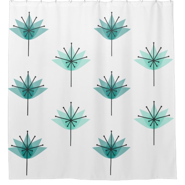 Mid Century Modern Flowers Turquoise Shower Curtain (Front)
