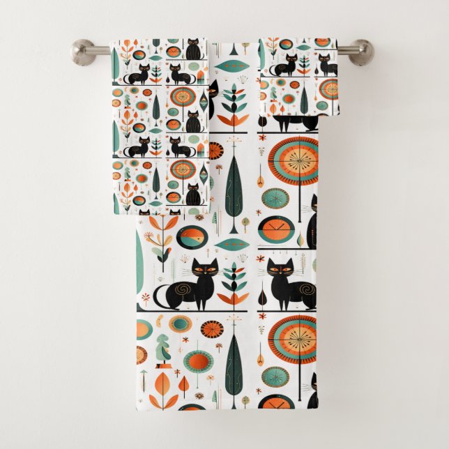  Mid Century Modern Funny Space Cats  Bath Towel Set (Insitu)