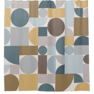 Mid Century Modern Geometric Blue Gold Shower Curtain