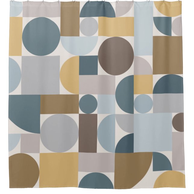 Mid Century Modern Geometric Blue Gold Shower Curtain (Front)
