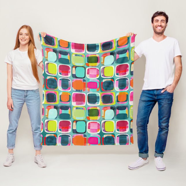  Mid Century Modern Geometric Colour Blocks Vibran Fleece Blanket (In Situ)