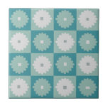 Mid Century Modern Geometric Flowers Ceramic Tile<br><div class="desc">This Mid Century Modern Geometric Flowers Ceramic Tile is a mid century modern take on botany! This whimsical aqua and teal chequerboard design has alternating mod flowers of aqua and dove grey on each square. The dove grey flowers have square darker grey centres and the aqua flowers have dove grey...</div>