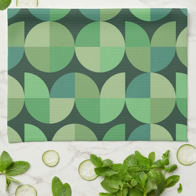 Mid Century Modern Geometric Green Pattern  Tea Towel (Folded)