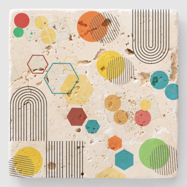 Mid century modern geometric Orange Green Stone Coaster (Front)