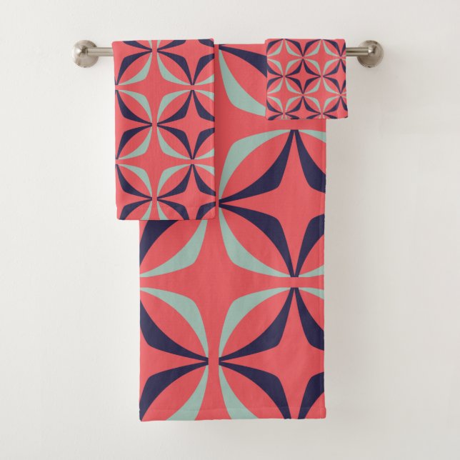 Mid Century Modern Geometric Pattern in Navy Coral Bath Towel Set (Insitu)