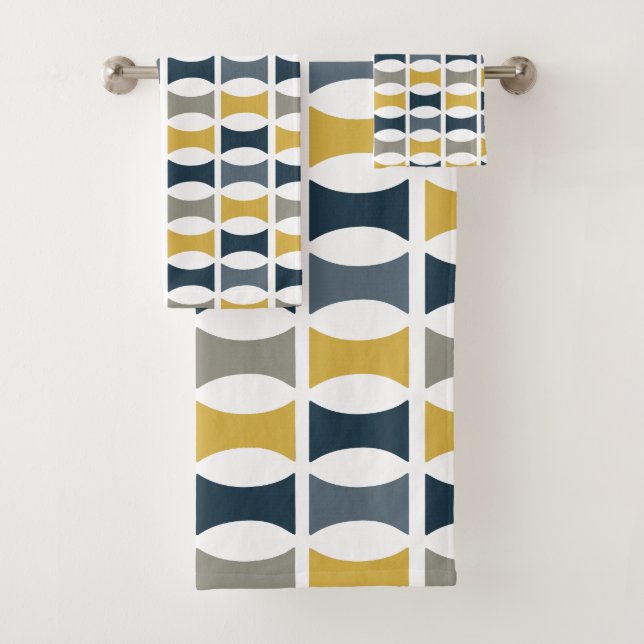 Mid Century Modern Geometric Pattern Navy Mustard Bath Towel Set (Insitu)