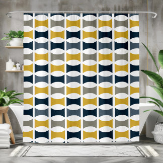 Mid Century Modern Geometric Pattern Navy Mustard Shower Curtain