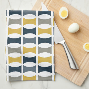 Mid Century Modern Geometric Pattern Navy Mustard Tea Towel
