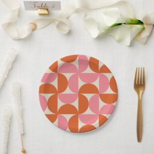 Mid century modern geometric pattern pink orange   paper plate