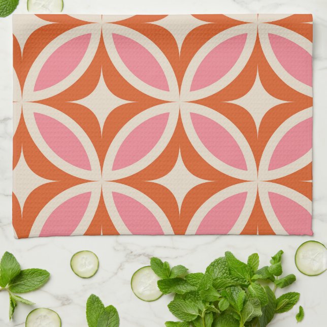 Mid century modern geometric pattern pink orange  tea towel (Folded)