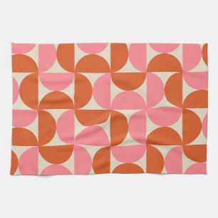 Mid century modern geometric pattern pink orange  tea towel