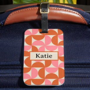 Mid century modern geometric pink orange monogram luggage tag