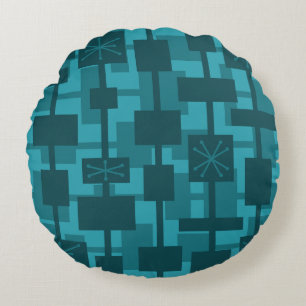 Mid Century Modern Geometric Teal Round Cushion