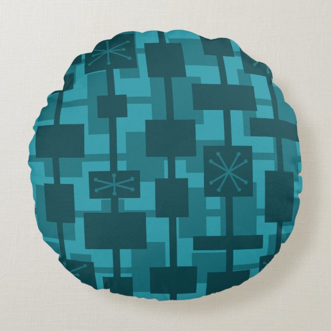 Mid Century Modern Geometric Teal Round Cushion (Front)