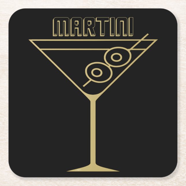 Mid Century Modern Gold 2 Olive Martini Square Paper Coaster (Front)
