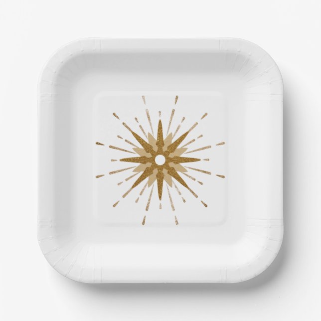 Mid-Century Modern Gold Starburst Square Paper Plate (Front)