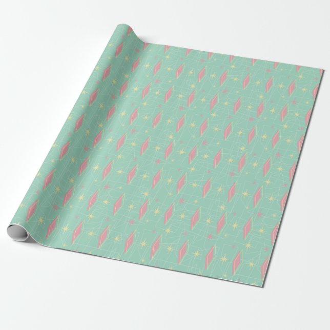 Mid Century Modern Green and Pink Pattern Wrapping Paper (Unrolled)