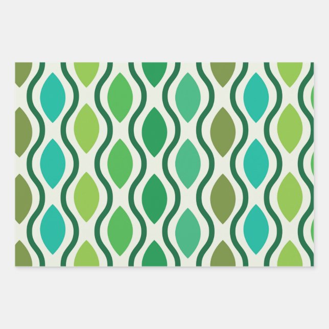 Mid Century Modern Green Geometric Ogee pattern  Wrapping Paper Sheet (Front)