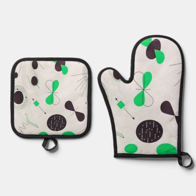 Mid Century Modern Green Physics  Oven Mitt & Pot Holder Set (Front)
