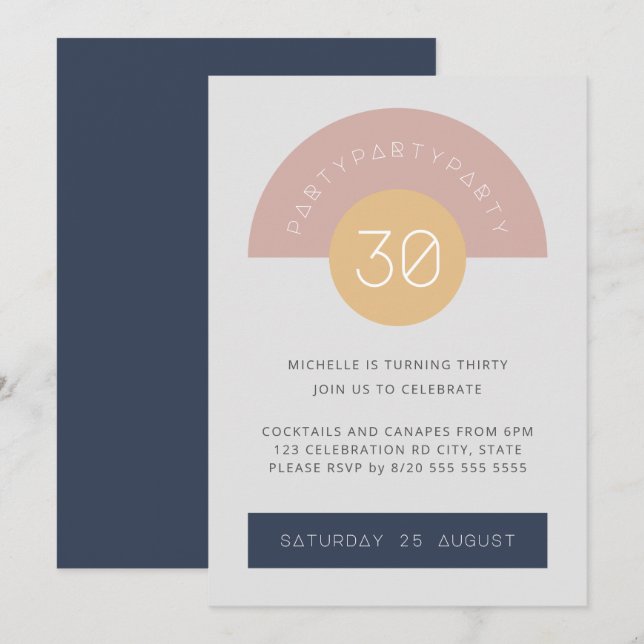 Mid Century Modern Grey Blue Geo 30th Birthday Invitation (Front/Back)