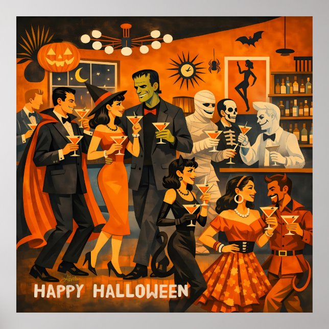 Mid Century Modern Halloween Martini Party Poster (Front)