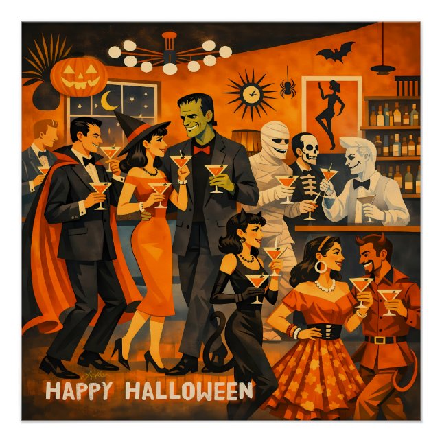 Mid Century Modern Halloween Martini Party Poster (Front)