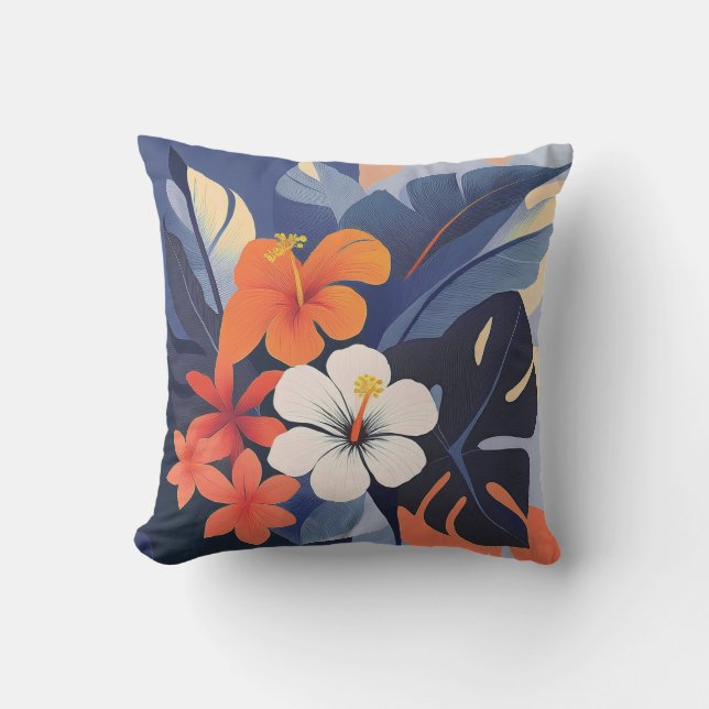 Mid-Century Modern Hawaiian Hibiscus and Plumeria  Cushion (Front)