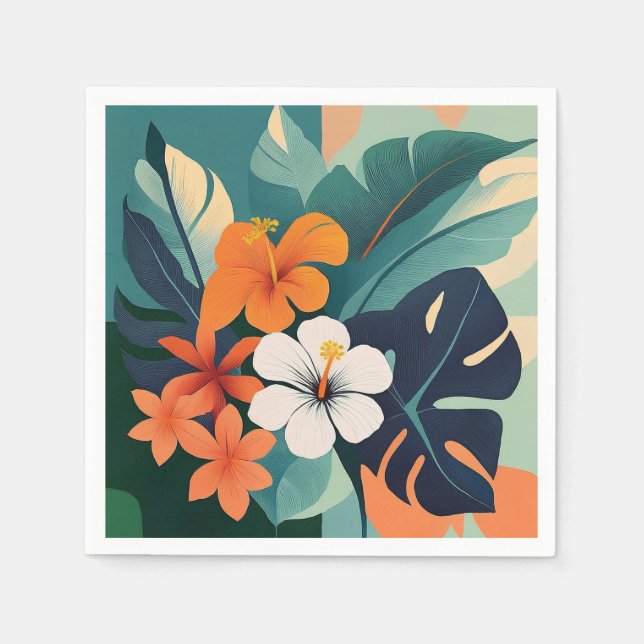 Mid-Century Modern Hawaiian Hibiscus and Plumeria Napkin (Front)