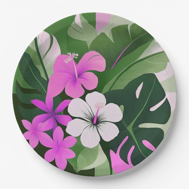 Mid-Century Modern Hawaiian Hibiscus and Plumeria Paper Plate (Front)