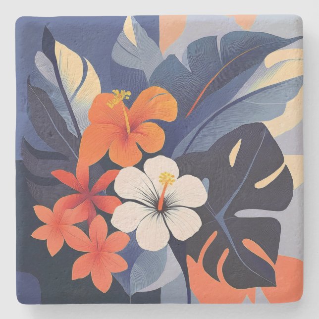 Mid-Century Modern Hawaiian Hibiscus and Plumeria Stone Coaster (Front)