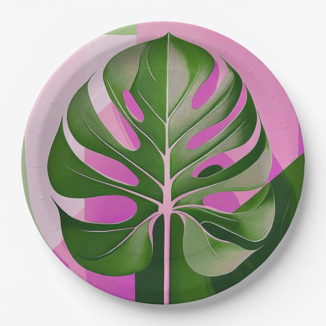 Mid-Century Modern Hawaiian Monstera Leaf Paper Plate (Front)