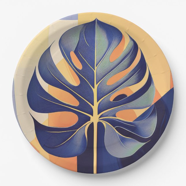 Mid-Century Modern Hawaiian Monstera Leaf Paper Plate (Front)