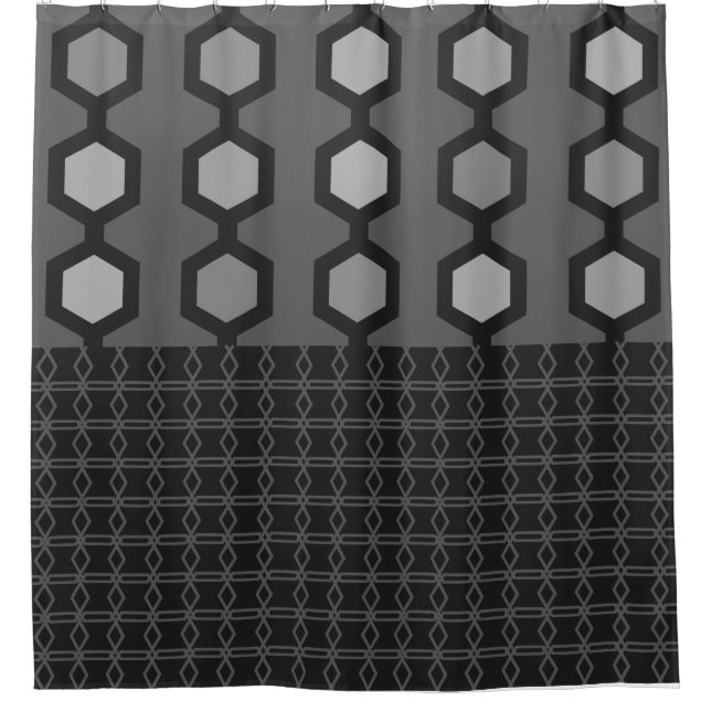 Mid Century Modern Hexagons Black Grey Shower Curtain (Front)