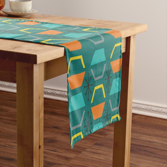 Mid Century Modern Hexagons Teal Short Table Runner (In Situ)