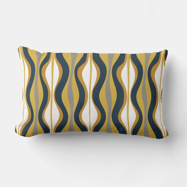 Mid-Century Modern Hourglass Abstract Navy Mustard Lumbar Cushion (Front)