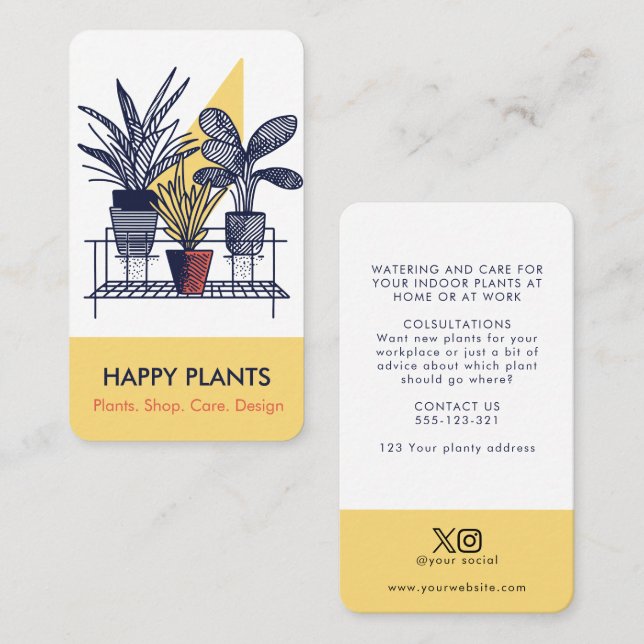 Mid Century Modern House Plant Yellow and Blue Business Card (Front/Back)