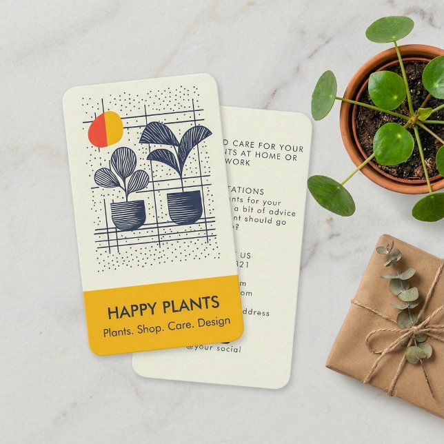 Mid-Century Modern House Plant Yellow and Navy Business Card (Mid-Century Modern House Plant Yellow and Navy Business Card.)